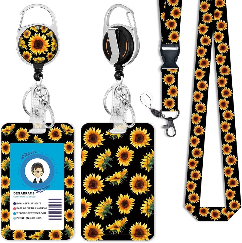 GIANCOMICS Cute Sunflower Badge Reel Retractable Heavy Duty with 360 Degrees Rotate Carabiner Clip, ID Badge Holder with Detachable Lanyard, ID Holder ID Clip Name Badge Keychain, Nurse Teacher Offfice Gifts - Image 1